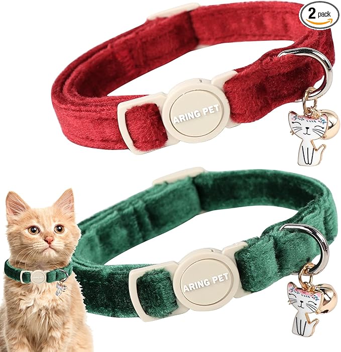 ARING PET 2 Pack Cat Collars-Cute Breakaway Cat Collar with Bell & Pendant, Adjustable Christmas Kitten Collars with Safety Buckle for Girl and Boy Cats