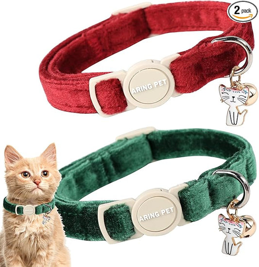 ARING PET 2 Pack Cat Collars-Cute Breakaway Cat Collar with Bell & Pendant, Adjustable Christmas Kitten Collars with Safety Buckle for Girl and Boy Cats