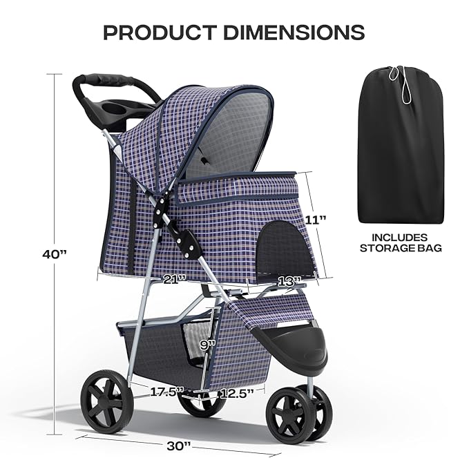 Pet Stroller for Small Dogs 10 lbs, Dog Stroller for Medium Dogs 30 lbs, Cat Strollers for 2 Cats, 3 Wheels Foldable Jogger Puppy Stroller with Storage Basket and Cup Holder, Plaid