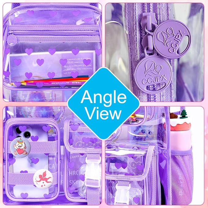 CCJPX 3Pcs Clear Backpack for Girls, School Transparent Bookbag, Heavy Duty See Through Backpacks for Teens Elementary