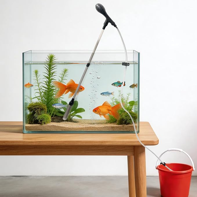 Aquarium Gravel Vacuum, 6.5Ft Hose, Adjustable Manual Siphon for Tanks | 2-in-1 fish tank gravel vacuum w/ brush, 6.5Ft hose, manual siphon, no power needed.