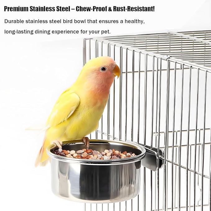 Parrot Feeding Cups Stainless Steel Bird Cage Feeder & Water Bowl - Chew-Proof Food Bowls with Clamp Holder for Parrot, Cockatiel, Conure, Budgie, Macaw, and Small Animals (M - 1Pc)