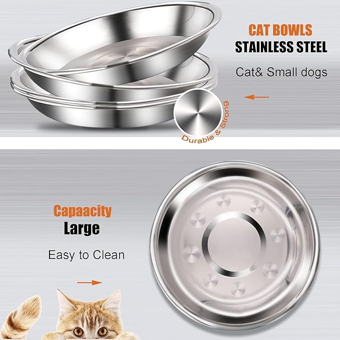 6 Pcs Stainless Steel Cat Bowls Shallow Wide Food Bowls for Cats Replacement Whisker Fatigue Relief for Small Dogs and Cats Indoors (Silver)