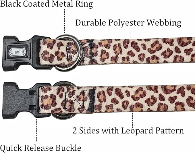 Dog Collar Leash Set, Leopard Pattern, Polyester Material, Adjustable Collar and 5ft Matching Leash, for Small Dogs.(S, Light Coffee Leopard)
