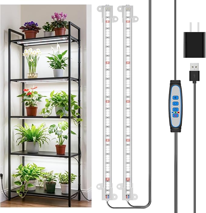 Wiaxulay 16in Plant Lights for Indoor Growing, 6000K Full Spectrum 2 Bars | 1 Pack, 120 LEDs Grow Light with Auto Timer 6/12/16Hrs, 5 Brightness, 3 Switch Modes for Seed Starting, Succulent