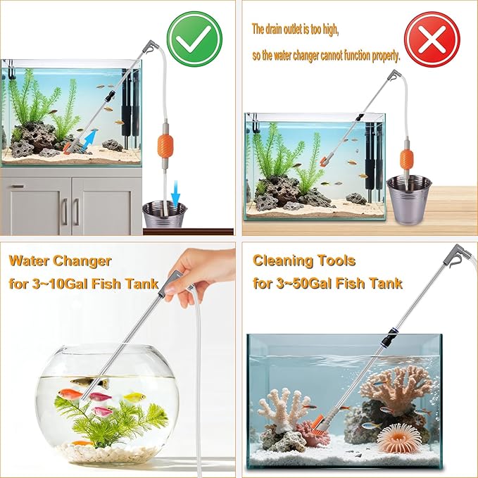 Carefree Fish Aquarium Siphon Vacuum Water Changer Kit for 3~10Gal Tank with 6Ft Water Hose Gravel Cleaner Cleaning Tools Collect Fish Poops and Long Handle Multifunctional Algae Brush