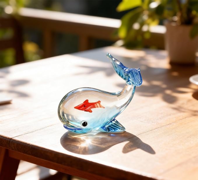 Miniature Glass Goldfish Decor Lucky Bag Fish Desktop Ornaments Cute Bubble Figurine Decorative Cartoon Aquarium Fish Statue Gift for Seaworld Ocean Lover (Whale)