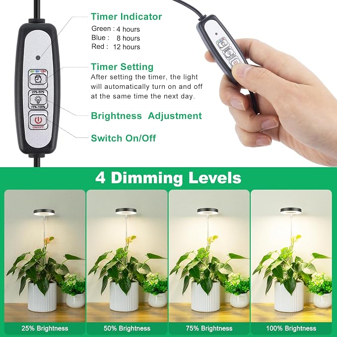 LORDEM Plant Grow Light, Full Spectrum LED, Black, 2 Packs | For Indoor Plants Growing Lamp, Auto On/Off Timer, 4 Dimmable Brightness