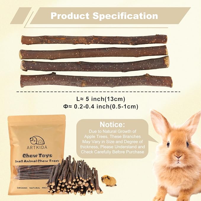 500g Apple Sticks Small Animals Molar Wood Treats Chew Toys for Rabbits Chinchillas Guinea Pig Hamster Gerbil Parrot Bunny Chews Stick Toys
