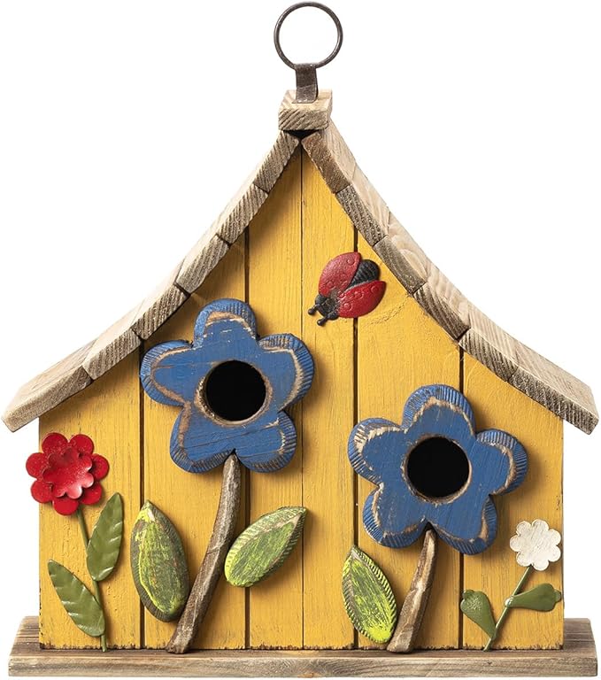 Glitzhome Hanging Birdhouses for Outside, 10.75" L Distressed Solid Wood Birdhouse with 3D Flowers Rustic Two-Story Townhouse Hand-Painted Bird Houses for Outdoors,Washed Yellow