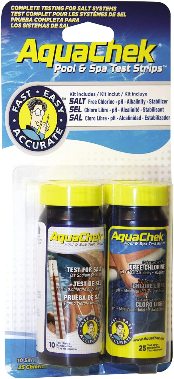 AquaChek Salt System Test Kit - for Pools and Spas - Salt Water Pool Test Strips for Sodium Chloride - Test Kit Includes Yellow 4-Way (25 Strips Each) and White Salt Test Strips (10 Strips Each)