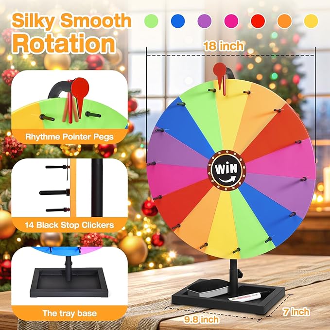AugFir 18-inch Tabletop Prize Wheel, Prize Wheel Spinner with Stand & Storage Base, Featuring a Prize Wheel with 14 Customizable Color Sections. Suitable for Party Games, Family Games (Original)
