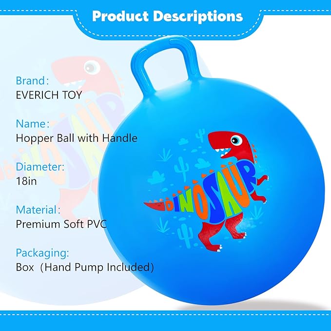 Hopper Ball, Dinosaur Hopping Toys for Kids, 18 Inch Bouncy Ball with Handle, Blue Inflatable Bouncing Hoppity Hop Toys for Boys and Girls Gifts