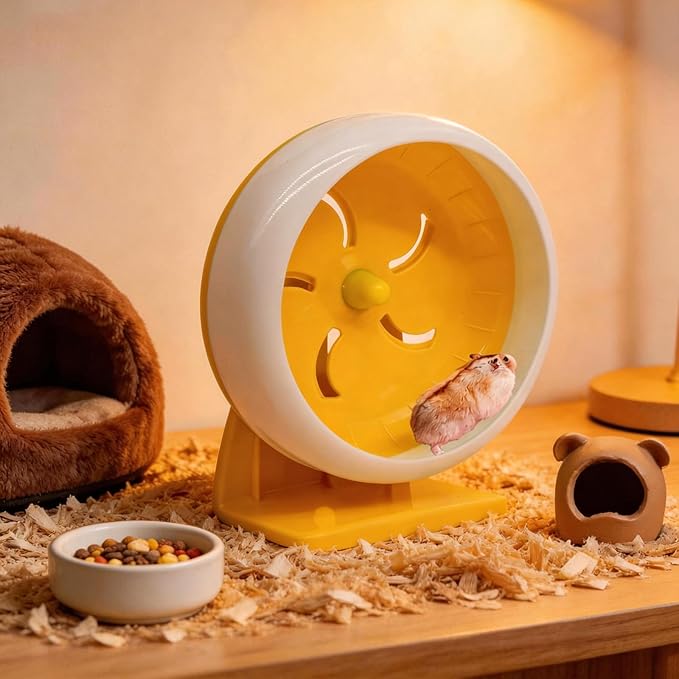 Hamster Wheel, 7 inch Silent Hamster Exercise Running Wheel with Stand,Pet Small Animals Exercise Running Toys,Adjustable Quiet Spinner for Guinea Pigs, Sugar Gliders, Gerbils (Yellow)