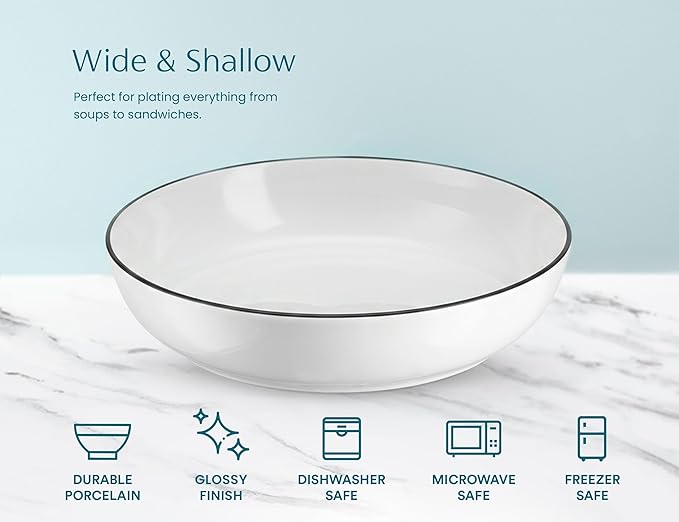 KooK Porcelain Pasta Bowl Set, for Soups and Salads, Serving Bowls, Large Capacity, Microwave & Dishwasher Safe, Set of 4, 40 Oz (Black Rim)