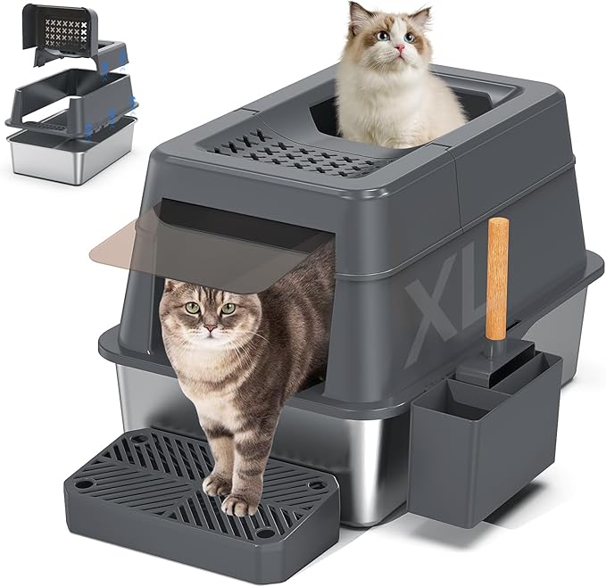 Aphyxen Stainless Steel Litter Box with Lid, XL Extra Large Enclosed Cat Litter Box Fits All Cats Modular Design with Flip Cover, Top Entry Metal High Sided Cat Box & Pedal & Scoop (Dark Grey)