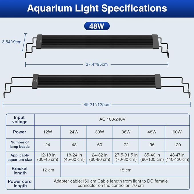 fishkeeper Aquarium Light, LED Fish Tank Lights with Auto Time Sync & 24/7 | IP68 Waterproof Extendable Bracket DIY Full Sprctrum Aquarium Plant Lights with Timer/Dimming, Memory Function for 40-48inch