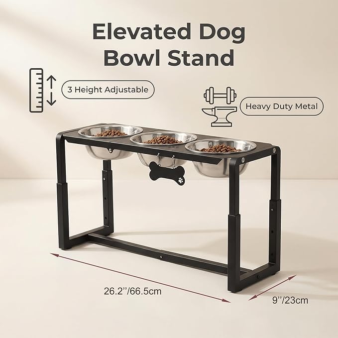 Metal Elevated Dog Bowls, Raised Dog Bowls for Medium/Large Sized Dogs with Three 58oz Stainless Steel Food Bowls, 3 Adjustable Height (8.8"/11.5"/14") Dog Bowl Stand Protect Neck & Joints