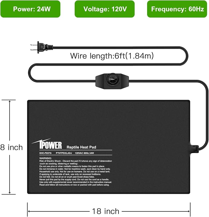 iPower 8 by 18-Inch 24 Watts Reptile Heating Mat with Temperature Controller Under Tank Warmer Terrarium Heat Pad for Reptiles and Amphibians, Black