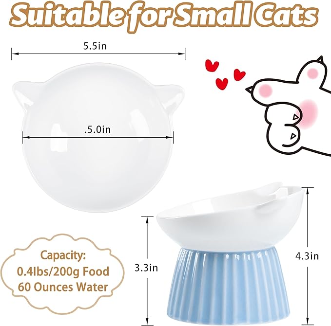 Ceramic Raised Cat Bowl，Tilted Raised Cat Bowl Anti Vomit Cat Bowls for Indoor Cats Whisker Friendly Pet Feeder for Cats Puppies, Microwave and Dishwasher Safe, Blue