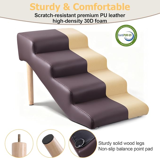 4-Step 18" H Dog Stairs for Bed Couch, Waterproof & Scratch PU Leather Pet Steps for Small Senior Dogs and Cats, Dog Ramp with 220 lbs Maximum, Oak Leg & Solid Wood, Non-Slip Feet,Brown