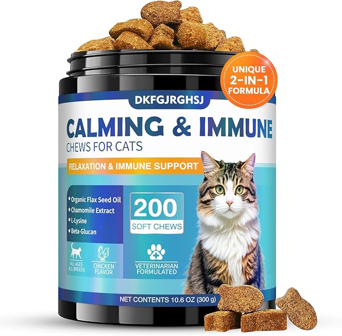 Cat Calming Treats, 200 Calm Soft Chews to Soothe Stressed Cats Anxiety Relief Reduce Stress & Promote Relaxation Immune Support Chicken Flavored