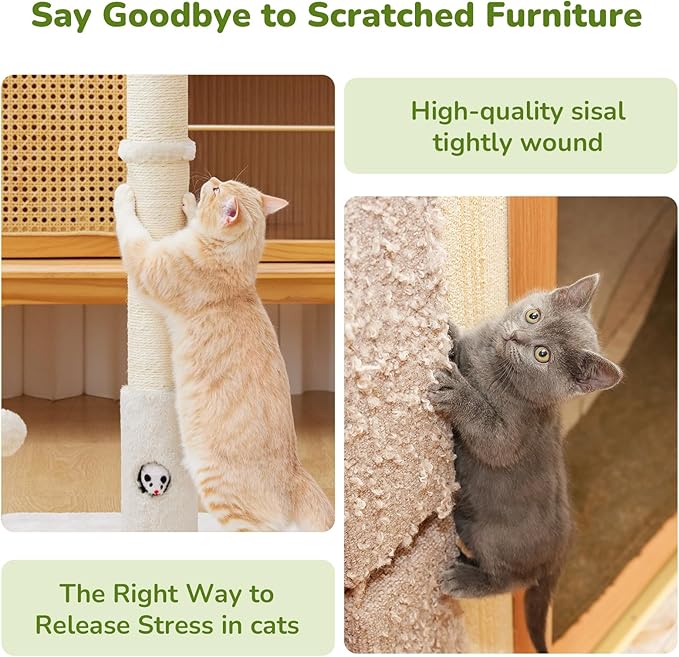 Woochpet Cat Scratching Posts 33" for Adults Cats, Cat Scratcher with Soft Fabric Covering Base and Durable Sisal Rope, Scratcher with Fun Mouse Hole and Cat Toy for Tall Cats (White)