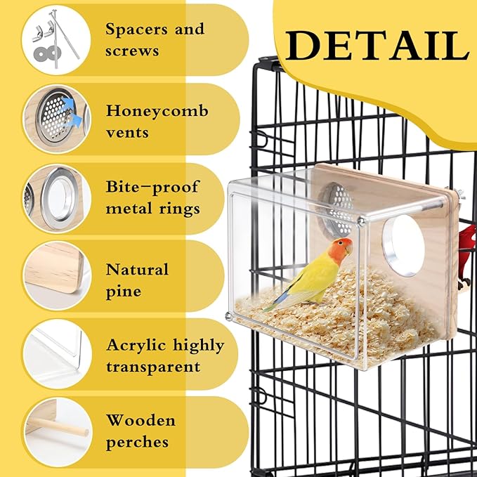 Parakeet Nesting Box for Cage, High-Transparent PET Parakeet Nest, Versatile Bird Houses for Canary, Lovebird and Parrot, Bird Boxes for Nesting with Wood Perch, Bird Cage Accessories (M, Rectangle)