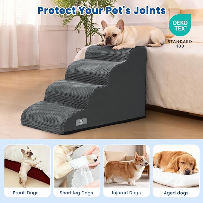 Airpanda Dog Steps for Bed, 4 Step Pet Stairs for Small and Medium Dogs, Non-Slip Dog Ramp with Washable Cover, High-Density Support Foam for Easy Climbing,Grey