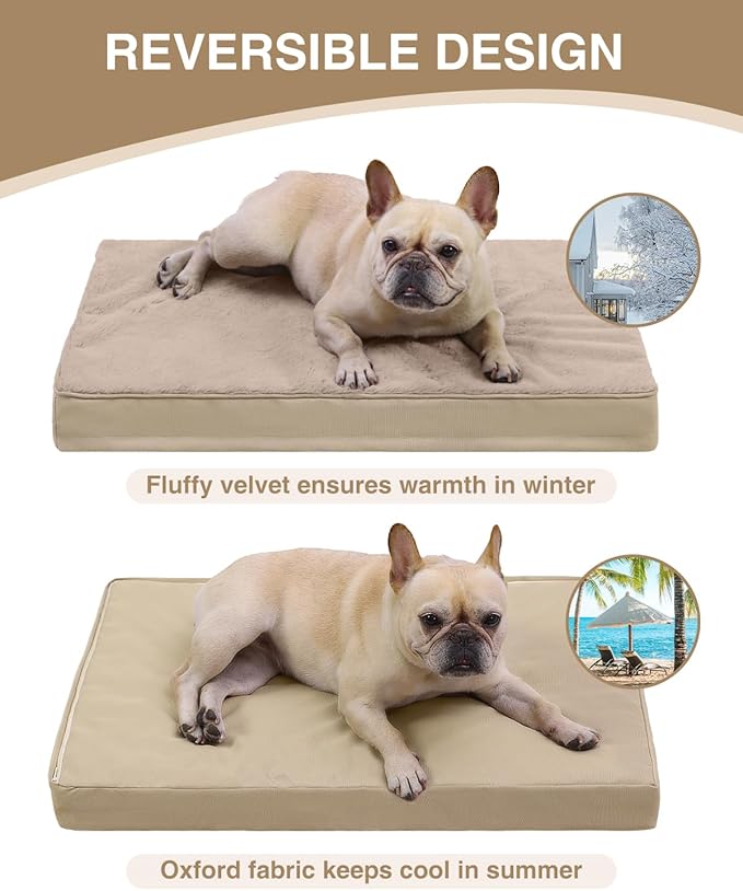 KSIIA Orthopedic Dog Bed Crate Waterproof Pet Mats for Medium Dogs Deluxe Plush Washable Pet Bed with Egg Crate Foam & Removable Cover, 29 x 18 Inch, Khaki
