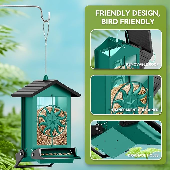 Squirrel Proof Bird Feeders for Outdoors with Weight-Activated, 5LB Large Metal Wild Bird Feeders for Cardinals,Blue Jay,Finch, Weatherproof Durable Hanging Bird Feeder for Backyard,Garden (Green)