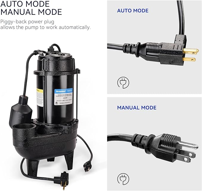 Acquaer Sewage Pump, Cast Iron, Automatic Tethered Float Switch, Sewage Effluent Pump for Sump Basin, Basement, Residential Sewage, 2'' NPT Discharge, Dark
