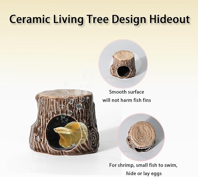 Ceramic Aquarium Decor Natural Tree Brown Betta Fish Tank Cave | Smooth-Surface Safe for Fish Hiding & Breeding, Easy-Clean, No Assembly, for Play & Rest,Fits 2.5-5 Gallon Fish Tanks