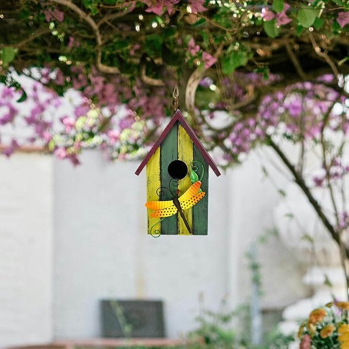Wood Bird Houses for Outside, Hanging Bluebird House Nest Box Garden Patio Outdoor Decorative Bird Houses Vintage Rustic Wooden Birdhouse Bird Box Home for Finch Wren Chickadee Cardinals (Dragonfly)