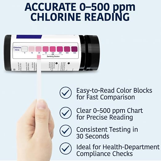 200 Chlorine Test Strips for Food Service 0-500 ppm (Value Pack) - Bleach Sanitizer Test Strips Food Service - Sanitizer Testing Strip - Chlorine Tester - Restaurant Supplies (Pack of 2)