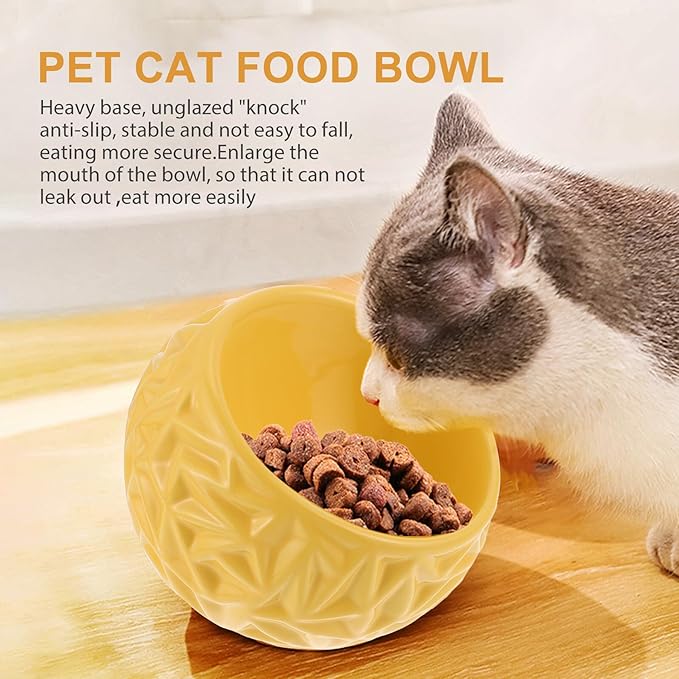 Milisten Ceramic Cat Bowl with Anti-tip Design, Yellow Geometric Kitten Feeding Dish, Sturdy Household Cat Feeder for Indoor Pets