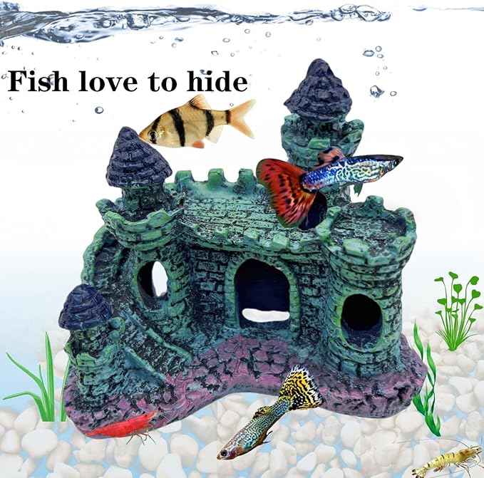 Small Aquarium Castle Decor , Mini Cute Fish Tank Castle Ornaments , Little Fish Fish Larvaes Shelter Shrimp Hide Caves Hideout for Small Medium Fish Tank Crab Shrimp Betta Cichlid Tank Decor (Blue)