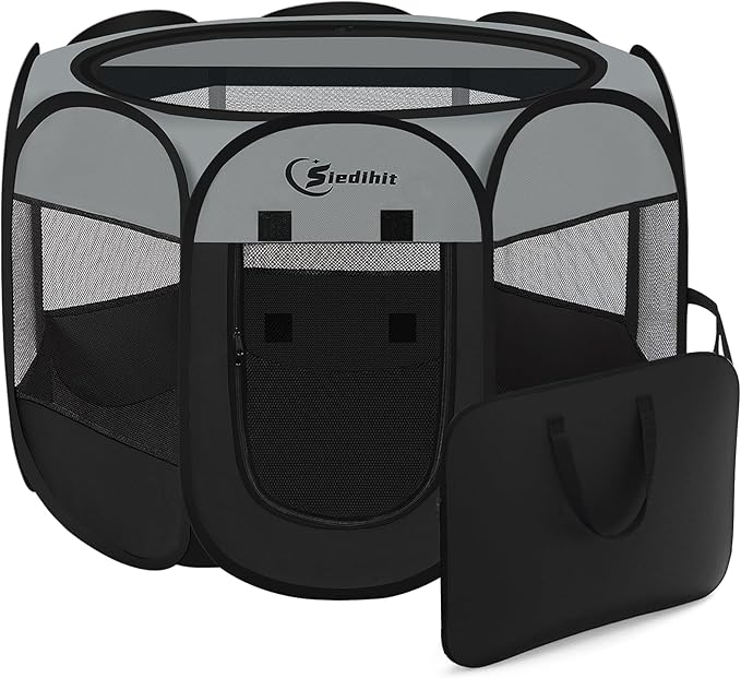 Siedihit Dark Grey Dog Cat Playpen, Puppy Pet Playpen, Small Dogs Tent Crates Cage Indoor/Outdoor, Portable Pop Up Dog Kennel Playpen with Carrying Case for Dogs/Cats/Rabbits