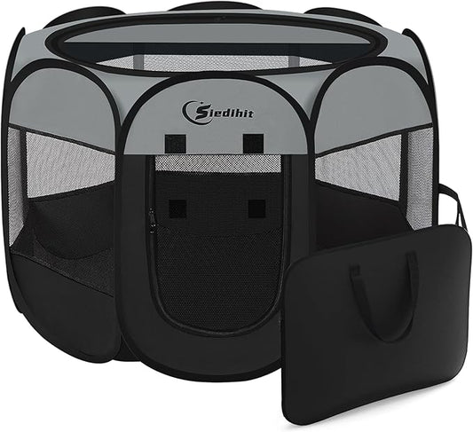 Siedihit Dark Grey Dog Cat Playpen, Puppy Pet Playpen, Small Dogs Tent Crates Cage Indoor/Outdoor, Portable Pop Up Dog Kennel Playpen with Carrying Case for Dogs/Cats/Rabbits