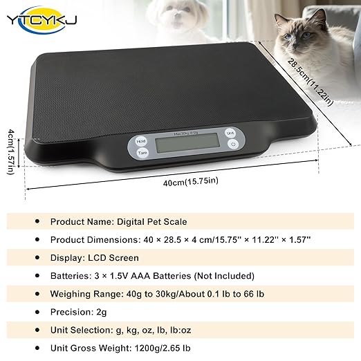 Digital Pet Scale for Accurate Weighing & Baby Scale Kitten Scale– High-Precision Puppy Scales, Dog Cat Scale | 30kg/66lb Capacity, 2g Accuracy, Non-Slip Mat, Tare & Hold Function