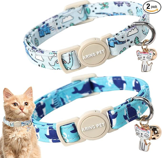 ARING PET 2 Pack Cat Collars-Cute Breakaway Cat Collar with Bell & Pendant, Adjustable Blue Whales&Dinosaur Pattern Kitten Collars with Safety Buckle for Girl and Boy Cats