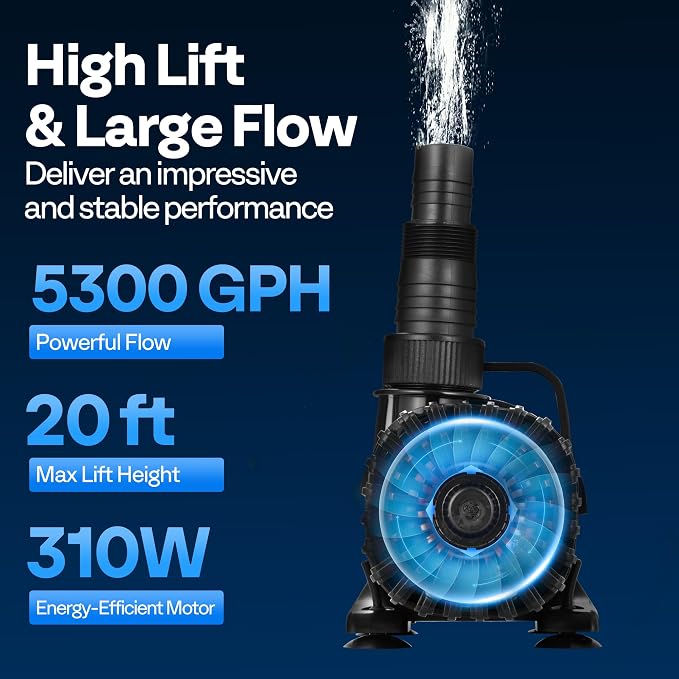 VIVOHOME 310W 5300GPH Submersible Water Pump with Barrier Bag for Koi Pond | 20ft Max Lift, 180° Seamless Adjustable Nozzle, 20ft Power Cord, IPX8 Waterproof