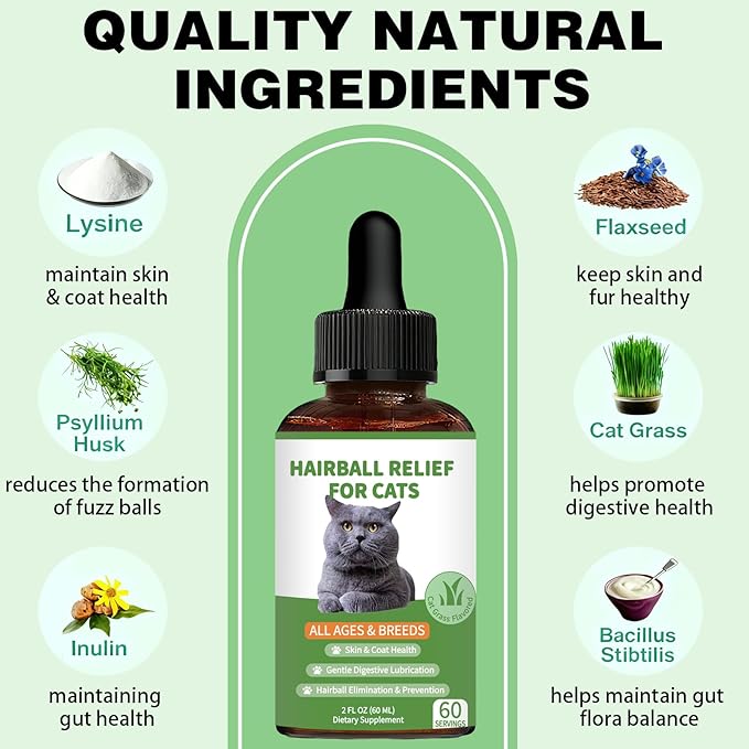 Hairball Treatment for Cats - Cat Hairball Remedy - Supports Skin & Coat, Digestion, Cat Furball Treatment, Helps Eliminate and Prevent Hairballs for Indoor Cats and Kittens(Cat Grass Flavor)