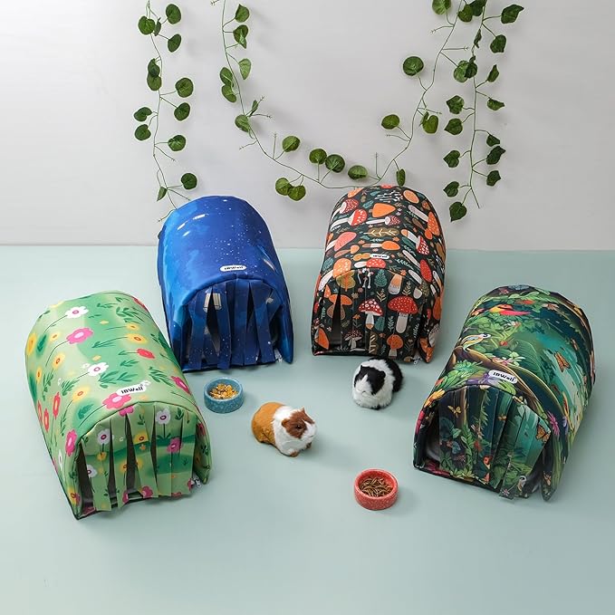 IBWell Guinea Pig Hideout Tunnel with Curtains Cute Floral Bunny Hideaway for Cage Accessories Washable Soft Hedgehog Hides and Houses