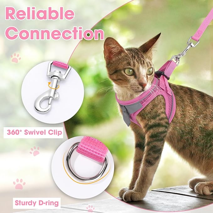 Cat Harness and Leash Set for Walking Escape Proof, Soft Adjustable Kitten Harness Breathable Mesh with Reflective Strips Harness for Kitty Puppy Bunny(Pink,S)