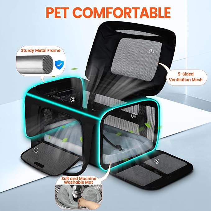 Petskd Top-Expandable Small Pet Carrier with Wheels(18" L x 11" W x 11" H), Delta/American/United Airlines Approved, Rolling Pet Carrier for Small Dogs & Cats (Black)