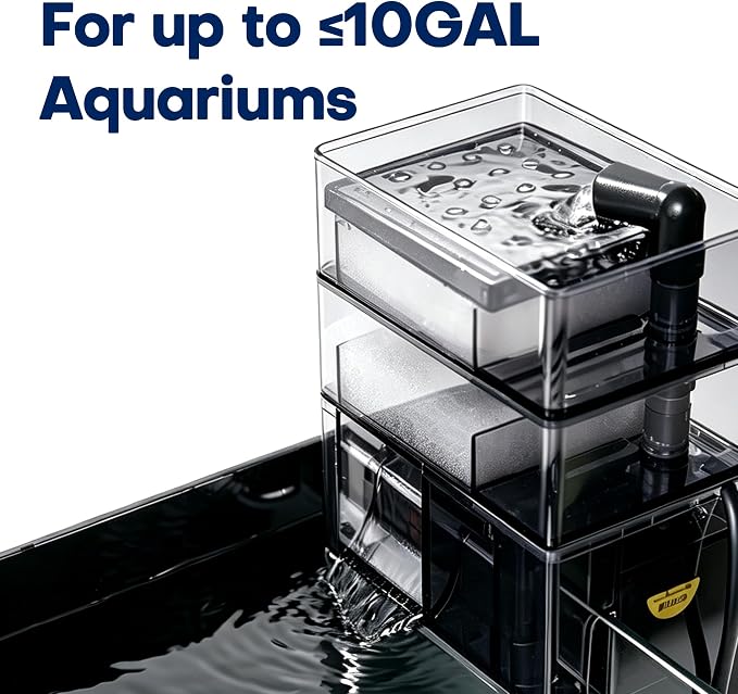 Hang on Back Aquarium Filter, 6W 500L/H Power Filter for ≤10Gal Fish Tank, 3-in-1 Biochemical Filtration with Dual-Layer Media Tray, Ultra-Quiet Aquarium HOB Filter(XP006) | Whisper Quiet Operation