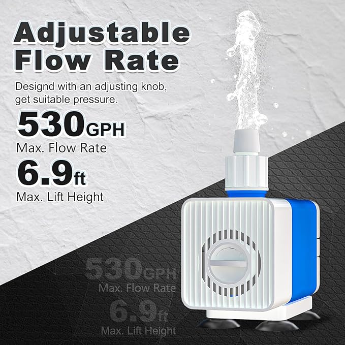 530GPH Submersible Water Pump with 6.9ft. High Lift for Fountains | with 4.9ft. Hose，Ultra-Quiet, Adjustable Flow Rate for Hydroponics, Ponds, Aquariums, and More