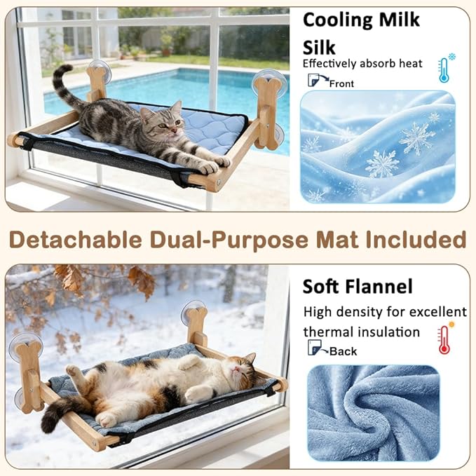 SZEE Window Cat Cooling Bed with Reversible Ice Silk Mat, Foldable Cat Window Perch Hammock with Sturdy Wooden Frame, with Soft Flannel Plush Backing for All-Season Use