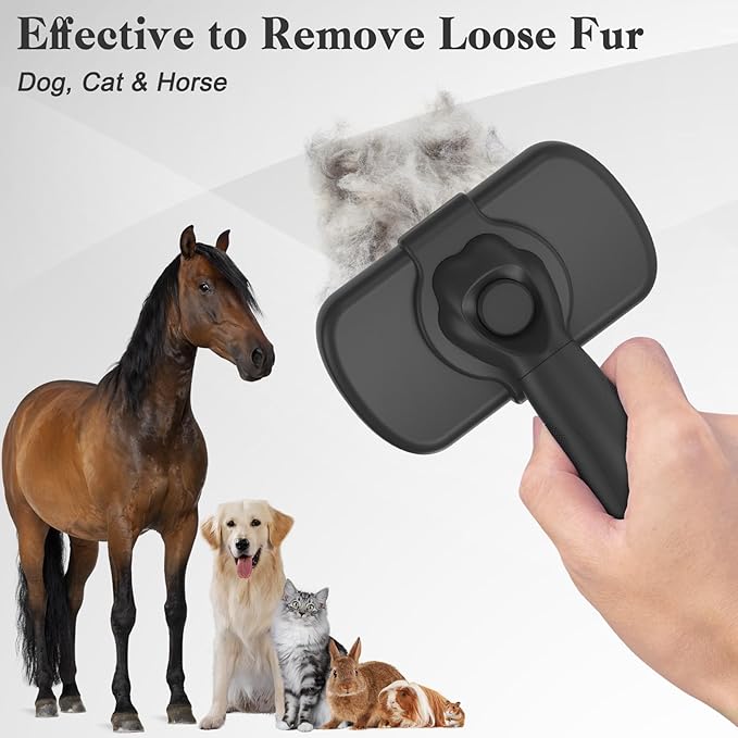 Dipoo Self Cleaning Shedding Brush - Skin Friendly Grooming Tool for Dogs, Cats, and Puppies, Deshedding and Hair Removal for Long and Short Haired Pets, Black